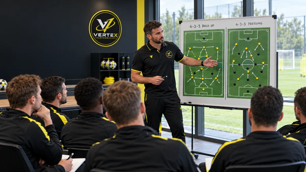 Un entrenador explica en una pizarra la salida de balón y la presión en 4-3-3 a un grupo de entrenadores sentados, en una sala junto al campo
