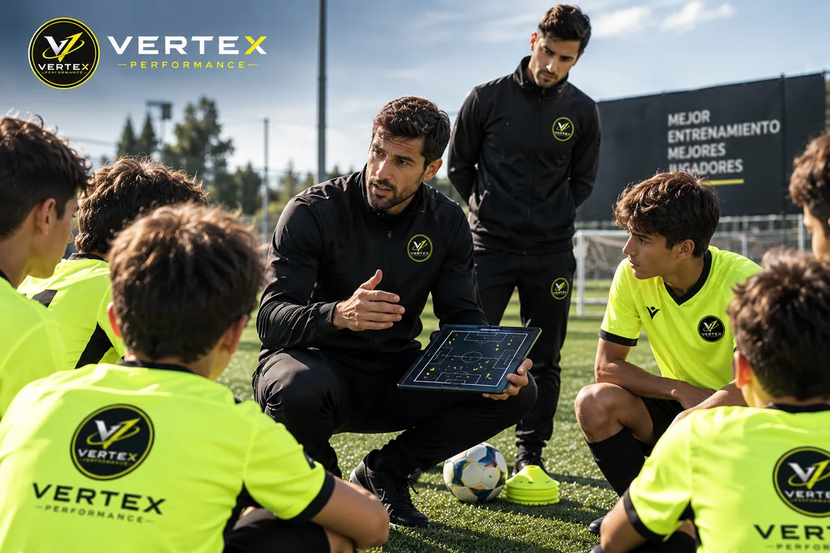 Entrenador explicando el modelo de juego a un grupo de jugadores de fútbol base