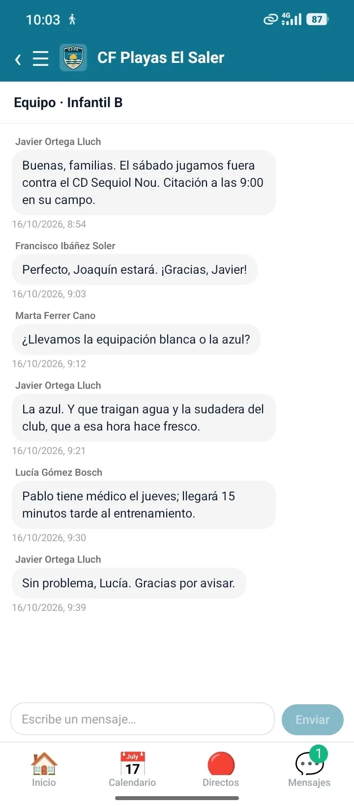 Mensajes del equipo