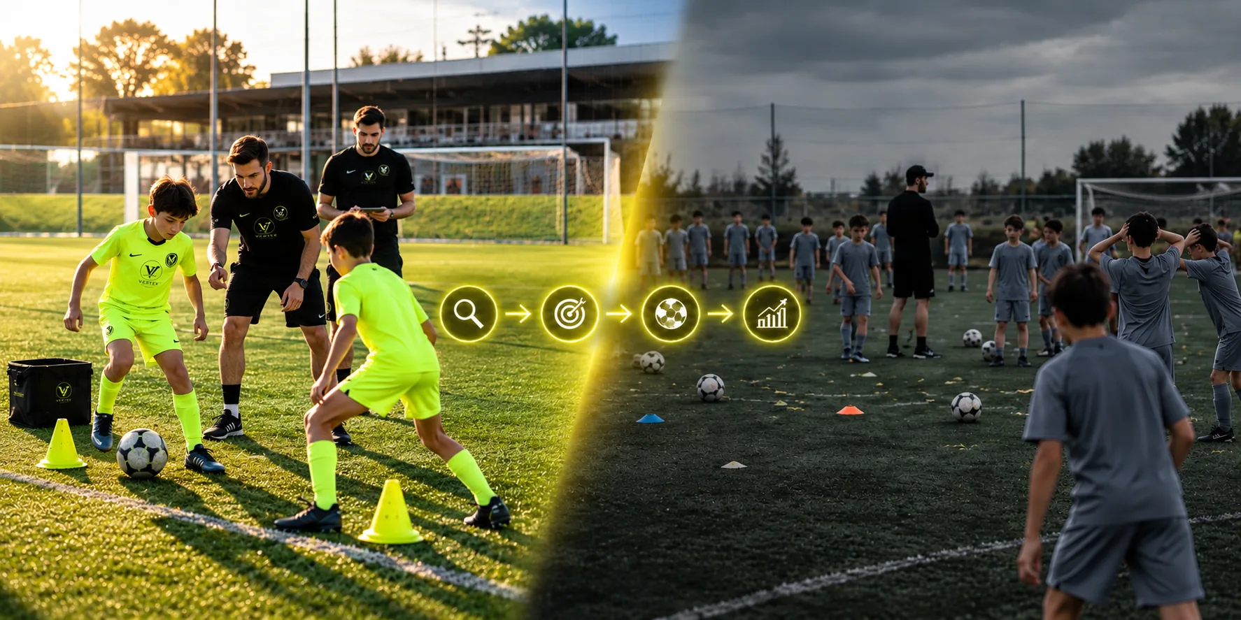 Comparativa entre un entrenamiento de tecnificación en grupo reducido, con entrenadores y seguimiento individual, y una sesión masificada de fútbol base